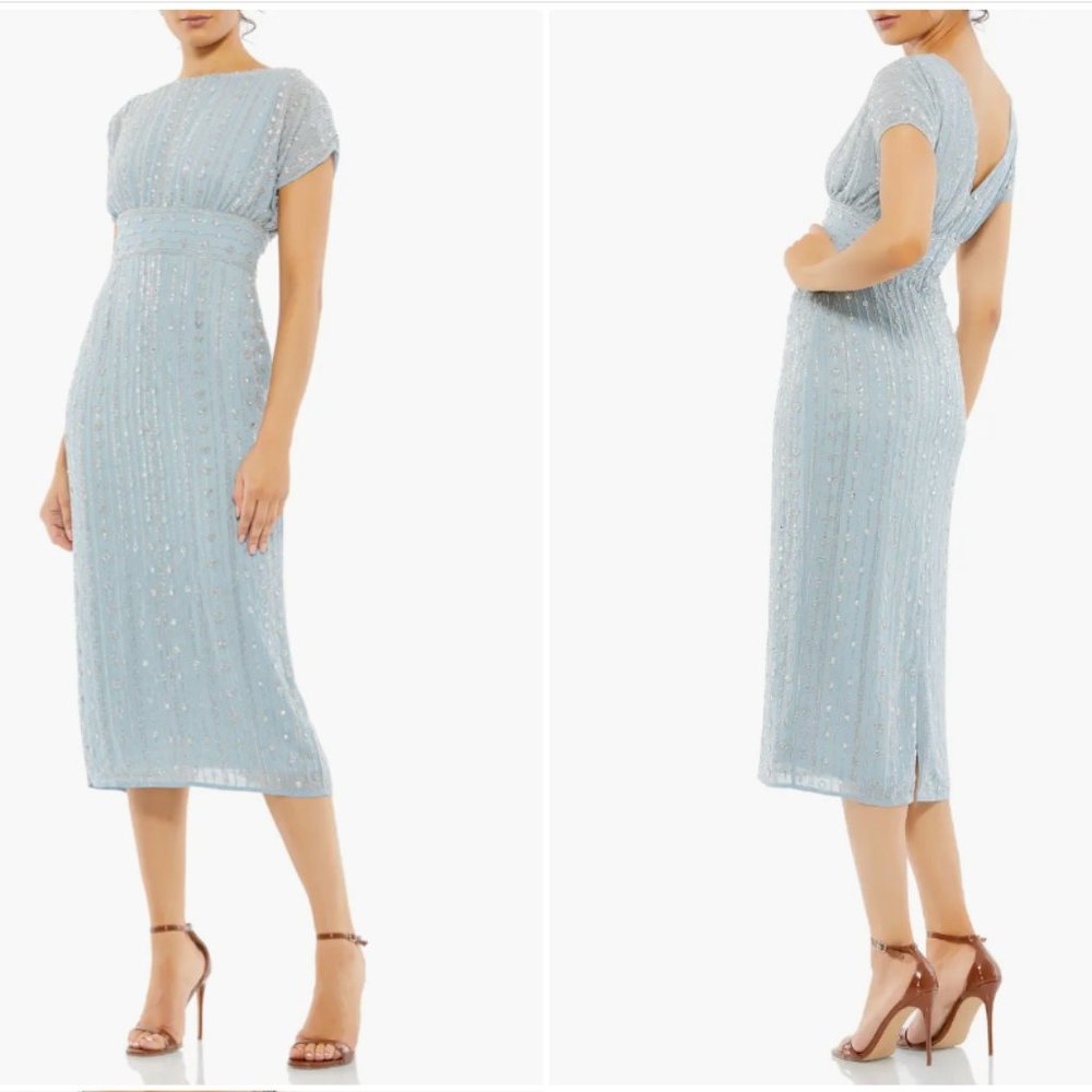 MSC DUGGAL 93649 BEADED CAP SLEEVE COLUMN SLATE BLUE MIDI DRESS sz 4